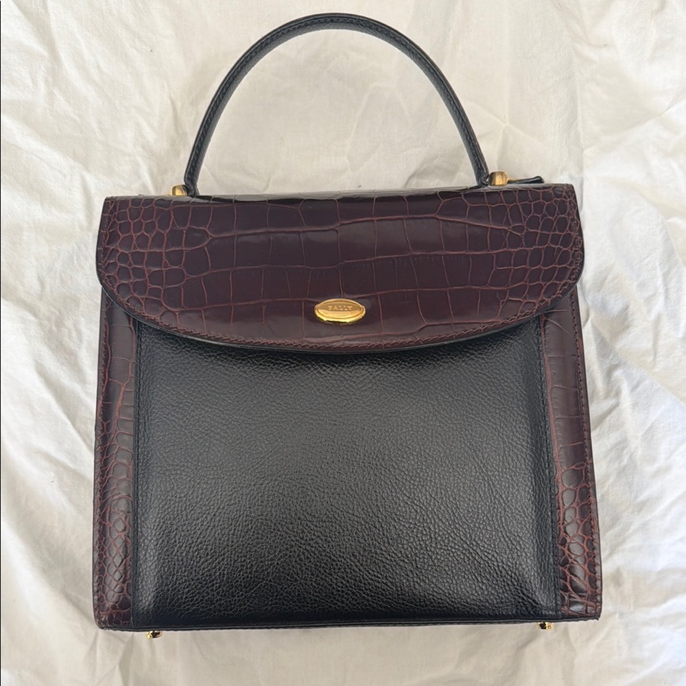 Bally Black and Dark Brown Croc-Trim Top Handle Crossbody